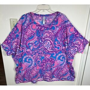 Dear Scarlett Blouse Purple Paisley Top Womens XL Oversized Boxy Dolman Sleeves